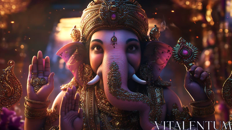Elephant-headed deity glows amid jeweled dusk-lit incense haze