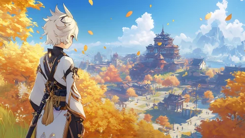 Autumn wanderer overlooking a sunlit fantasy hill cityscape.