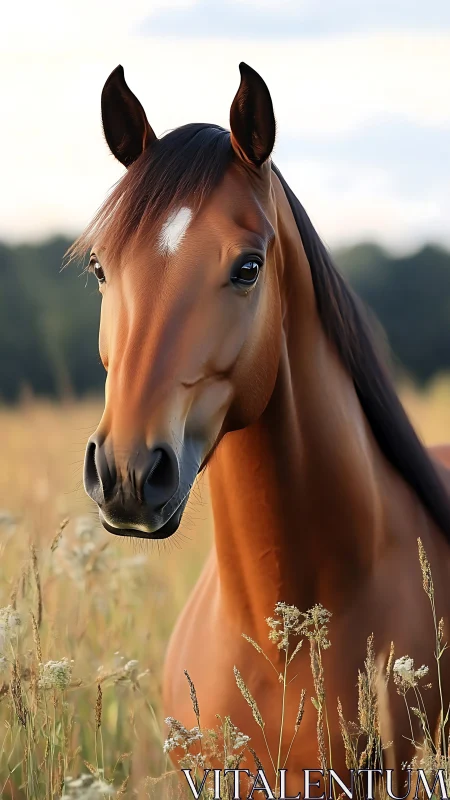 Bay horse portrait in summer meadow with shallow depth of field