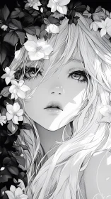Monochrome anime portrait integrates floral framing and contrast