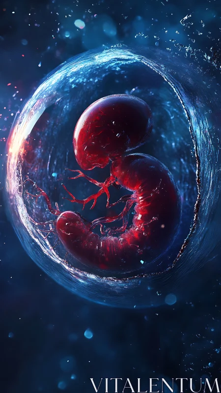 Embryonic red form suspended in luminescent fluid sphere.