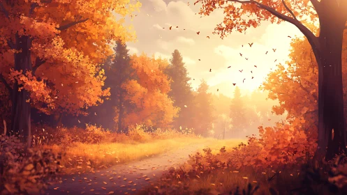 Golden autumn forest pathway with trees shedding leaves at sunrise