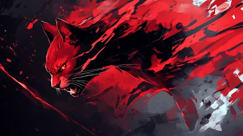 Red phantom panther erupts through abstract shadows.