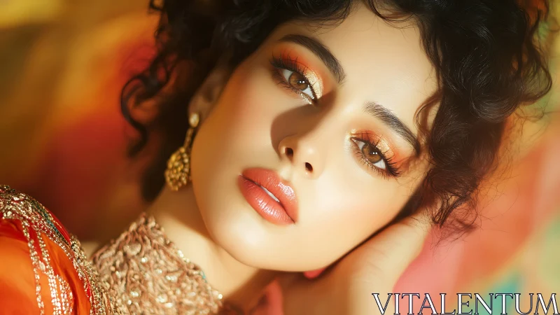 Golden hour portrait highlights luminous copper eye shadow.