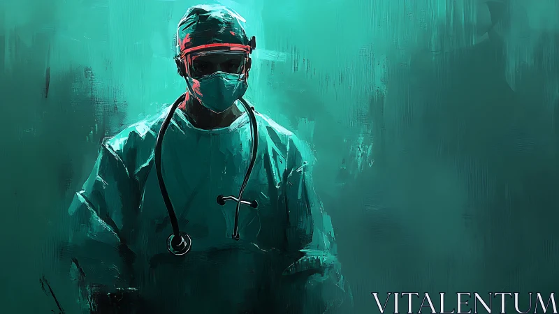 Calm surgeon in teal light embodying quiet everyday courage.