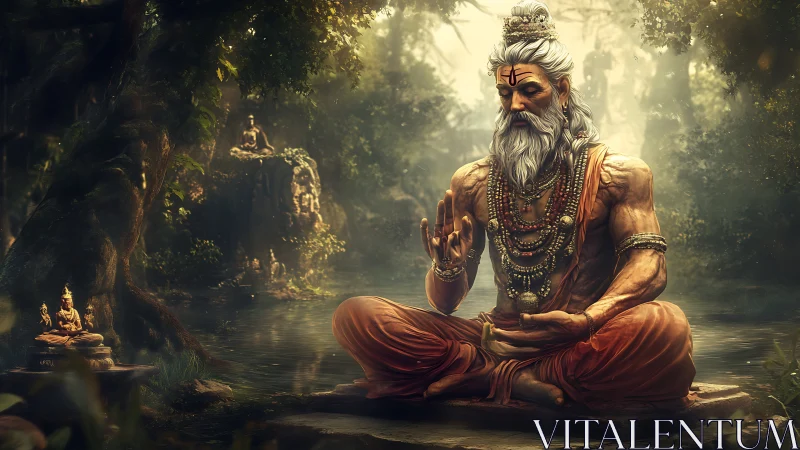 Ascetic sage meditates beside misted forest river shrine