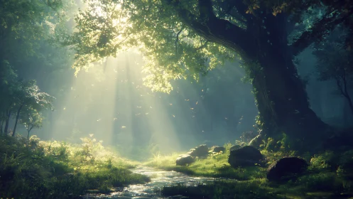 Forest Stream with Sunlight Penetration and Canopy Coverage.