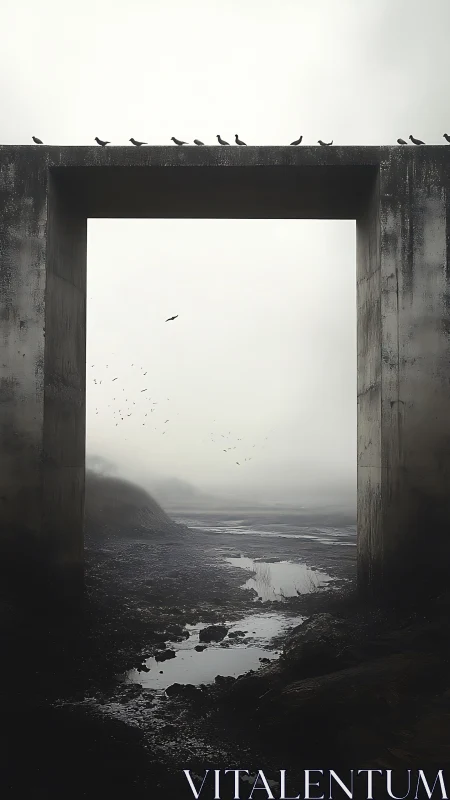 Concrete gateway frames misty tidal flat under birds.