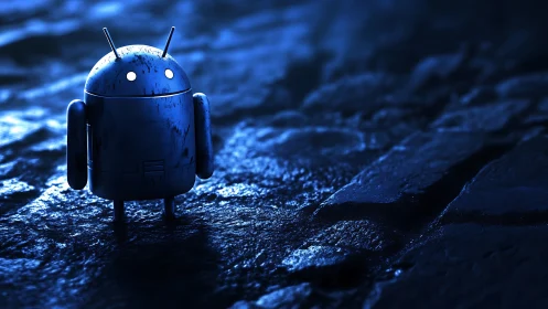 Nocturnal field-robot on wet cobblestones, emissive optics.