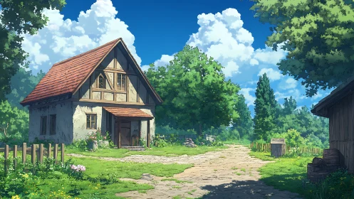 Rural cottage beside dirt path under midday summer sky.