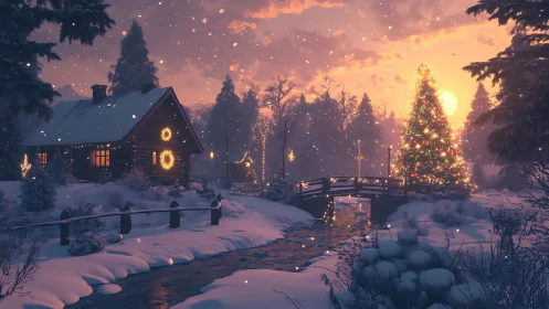 Snow-dusted twilight cottage hums beside a glowing winter tree
