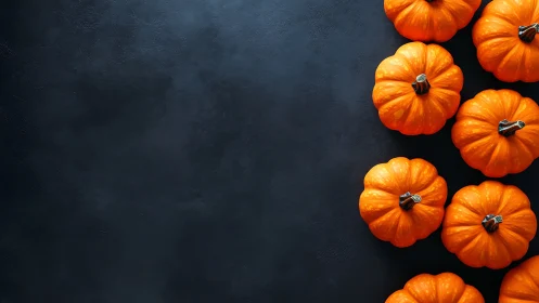 Small orange pumpkins are aligned along a dark surface