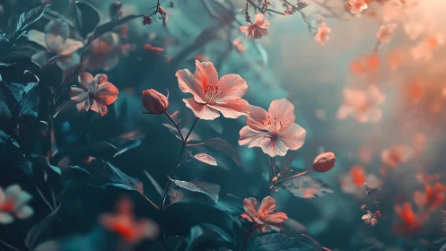 Soft-focused floral arrangement showcasing delicate salmon-pink petals with selective depth composit