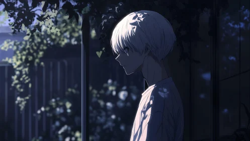 Nocturnal courtyard profile under fragmented foliage light.