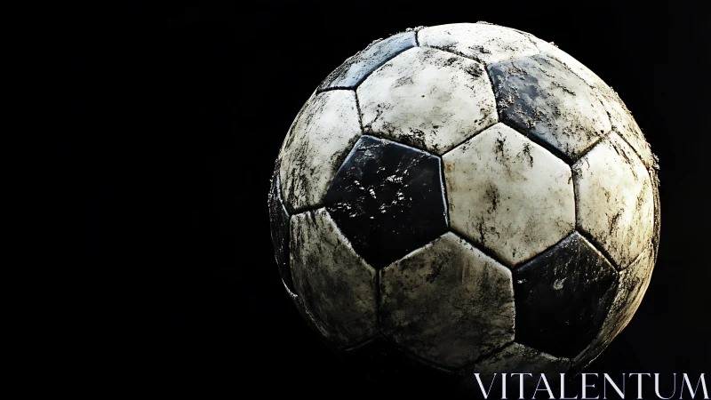 Weathered soccer ball floats in stark dramatic darkness.