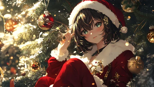 Cozy anime girl in festive Santa red beside glowing tree.