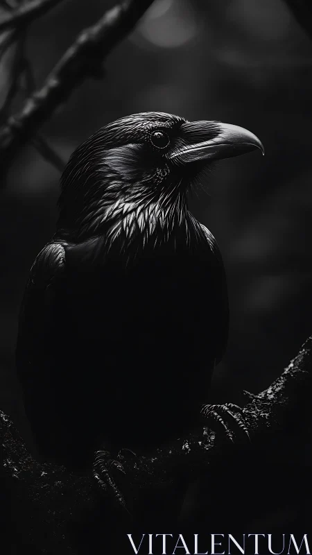 Dark forest raven portrait in sharp monochrome light.