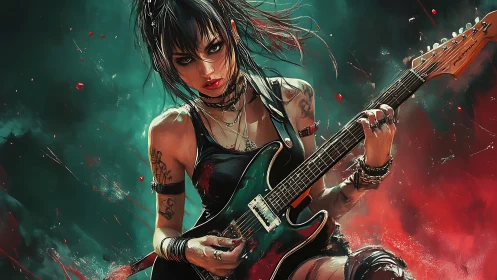 Ink‑tattooed punk guitarist with teal electric guitar mid‑riff