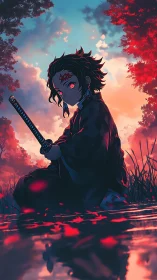 Sword-wielding figure by reflective water at sunset light.