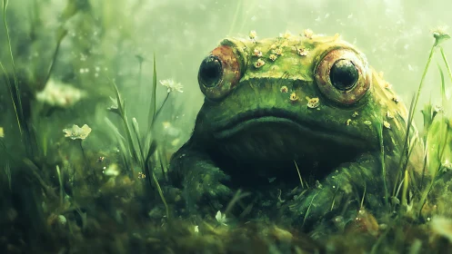 Giant mossy frog resting in misty wildflower meadow.