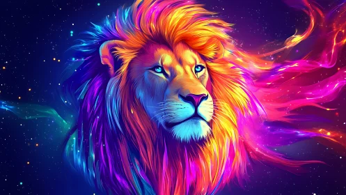 Cosmic neon lion gazes through swirling galactic colors