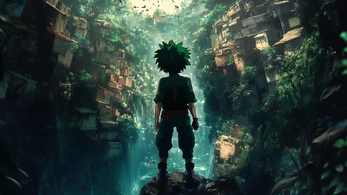 Anime boy overlooking dense cliff city and waterfall.