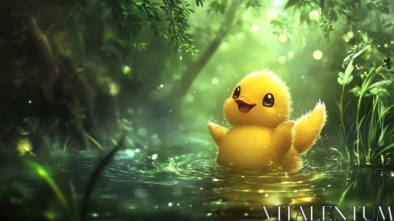 Joyful duckling in luminous forest pond environment.