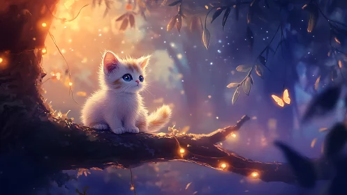 White Kitten on Glowing Branch in Magical Forest.