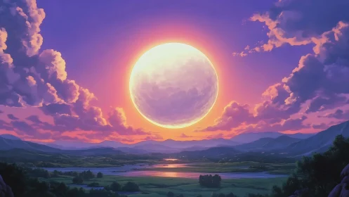 Radiant lunar sphere above twilight valley panorama.