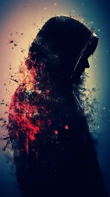 Digital painting of hooded silhouette with explosive splatter effects.