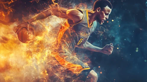 Fiery basketball player sprints through glowing cosmic flames.