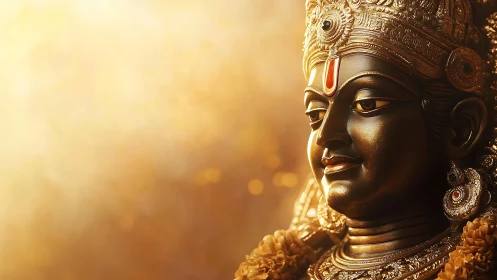 Golden deity statue head illuminated by warm backlight