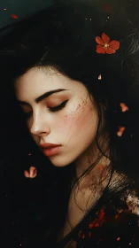 Melancholic woman with red petals drifts in poetic shadow