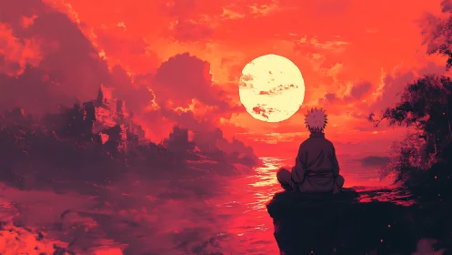 Solitary watcher beneath blazing red anime sunset sky.