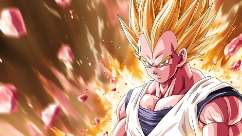 Blazing warrior stands calm within a storm of shattered light.