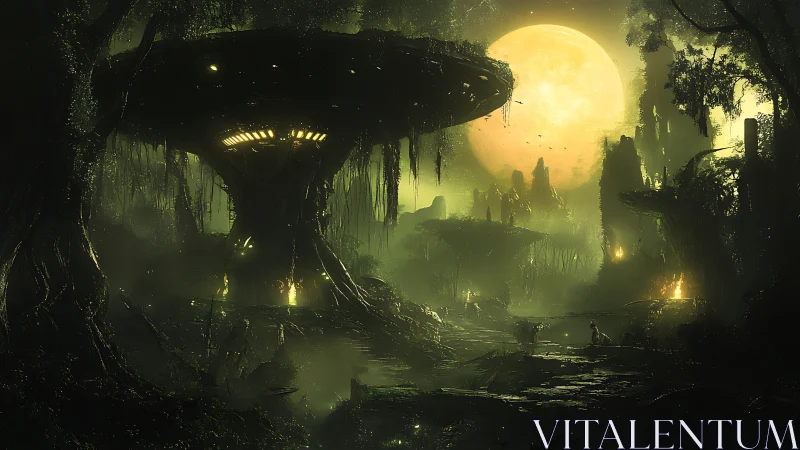 Moonrise crowns the towering jungle city in luminous fog