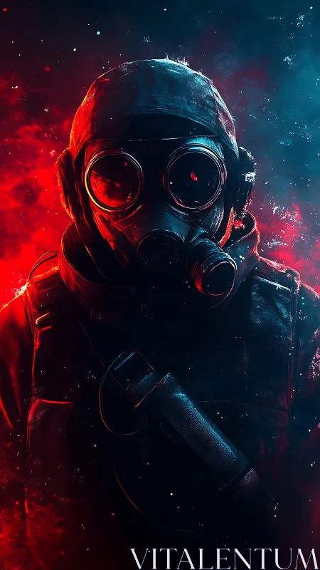 Lone wanderer in neon smoke, caught between red and blue.