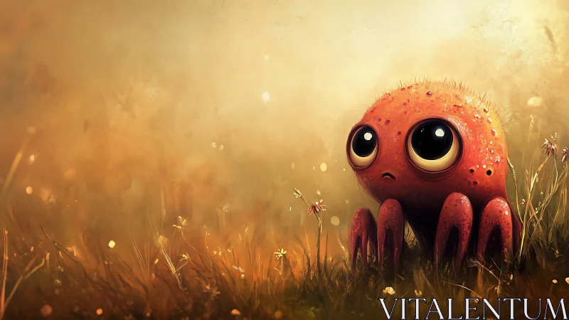 Tiny red spider creature studies glowing meadow light.