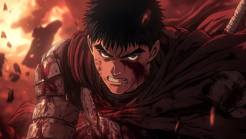 Battle-hardened warrior lunges forward amid blazing inferno