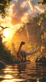 Cinematic 3D dinosaur river scene in golden backlit sunset.