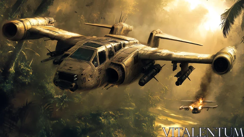Jungle gunship gliding through sunlit smoke and foliage.
