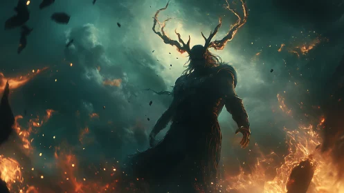 Antlered dark entity dominates fiery atmospheric vortex with backlight