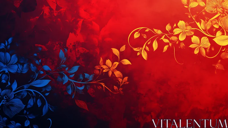Floral vectors contrast in blue and gold on textured red