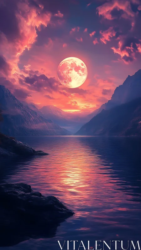 Luminous full moon over violet fjord at radiant dusk.