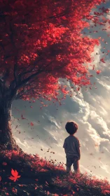 Child stands beneath red tree watching leaves drift upward