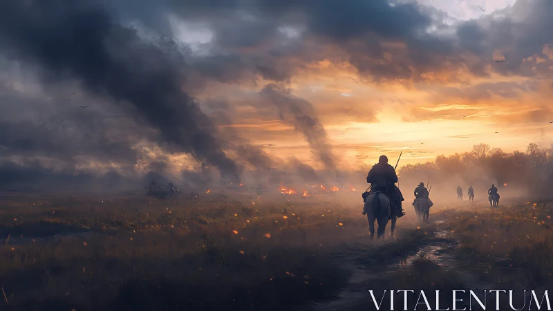 Riders crossing a burning plain beneath stormlit sunset.