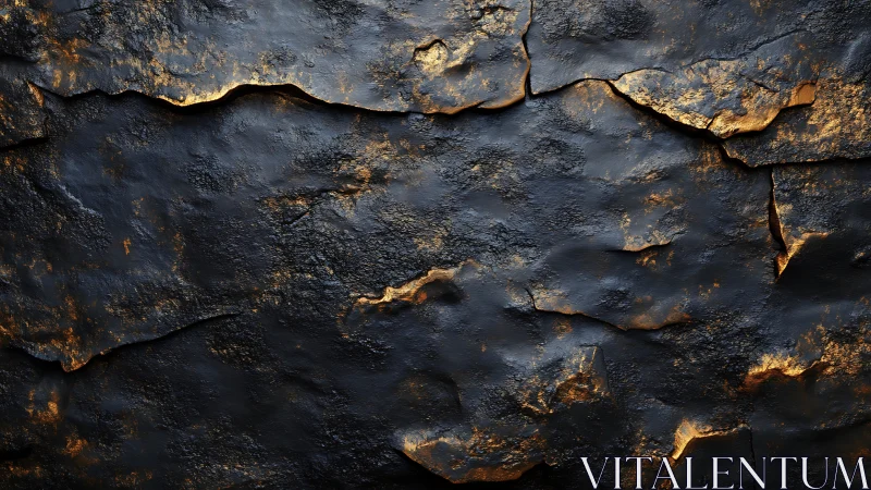 Dark metallic strata reveal fractured gold-laced surface planes