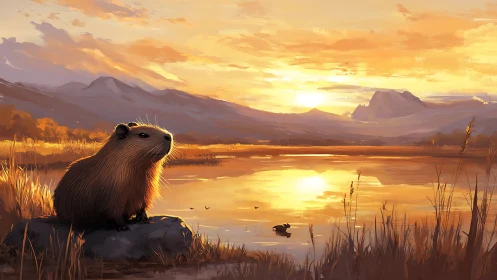 Capybara on lakeside rock at calm golden sunset.