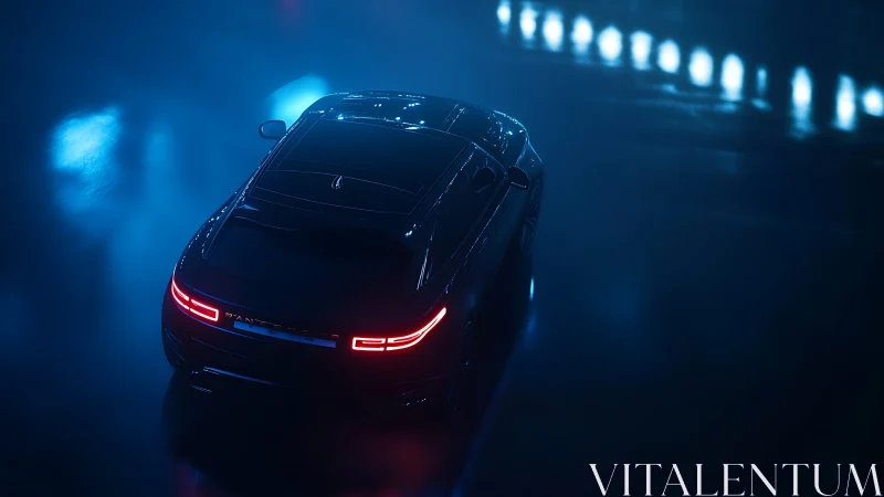 Sleek sports car under neon blue light on wet asphalt.