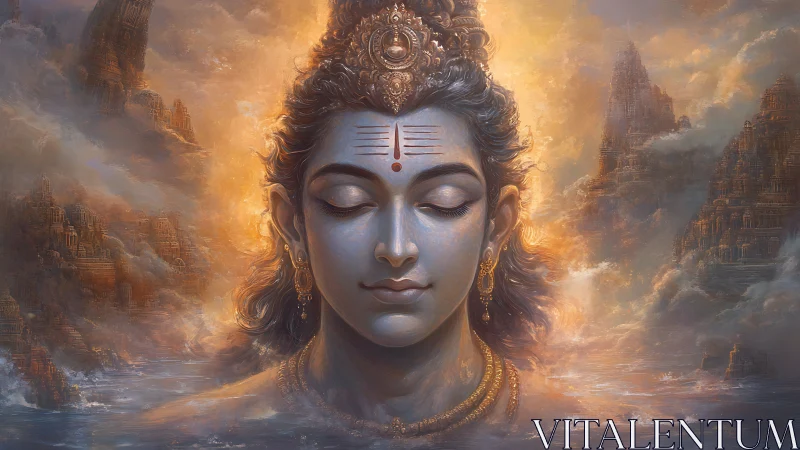 Serene divine figure in glowing clouds and ancient temples.